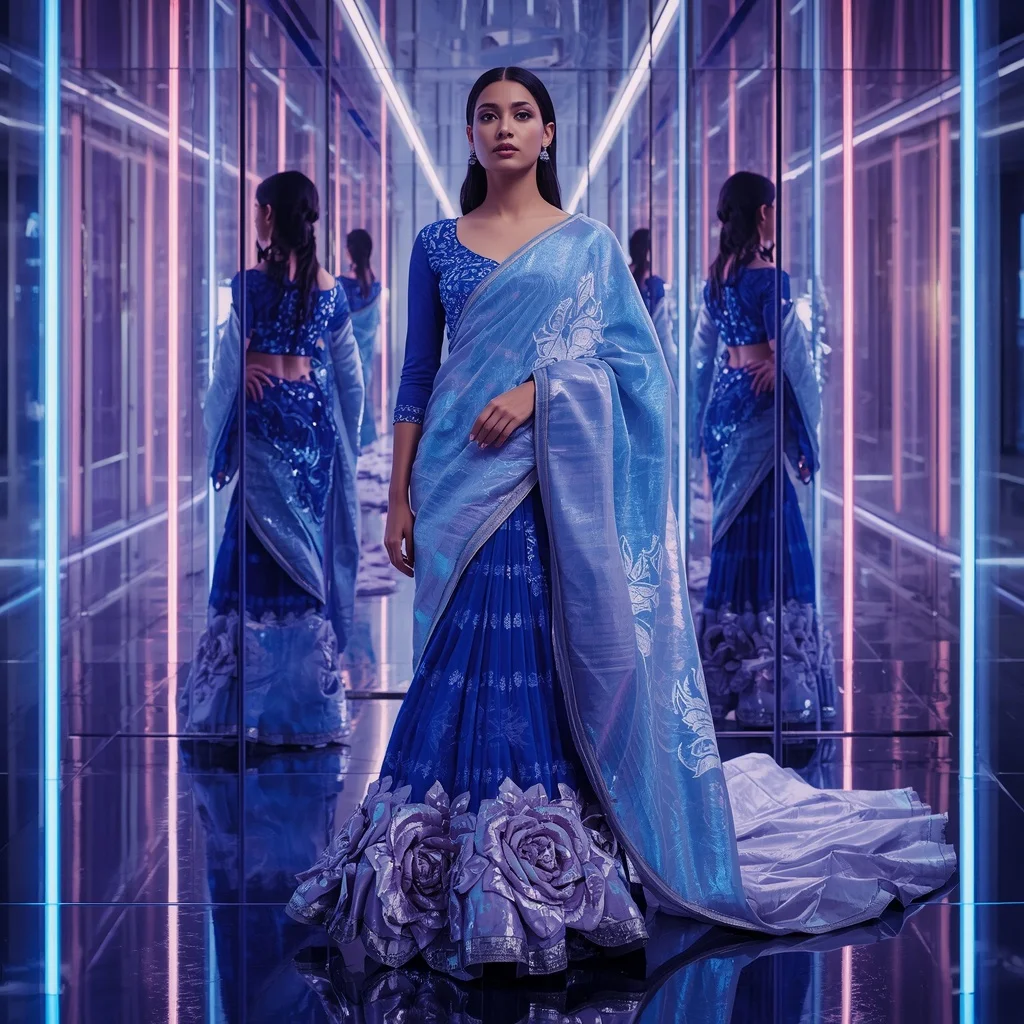 Sapphire Lotus Dynasty Saree with Infinity Crystal Arena | Saree Couple Ai Prompt