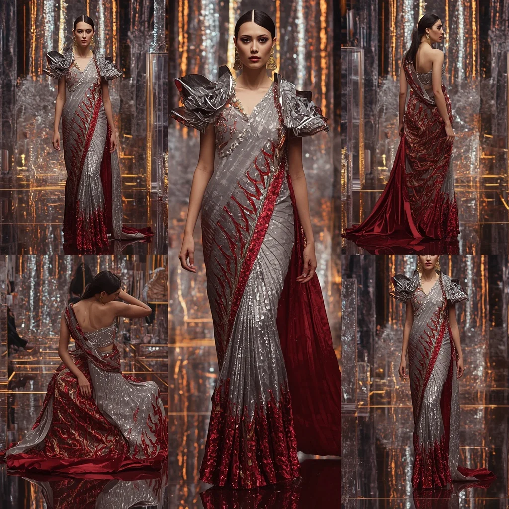 Silver Inferno Dynasty Saree with Futuristic Crystal Palace | Prompt Gemini AI Prompt