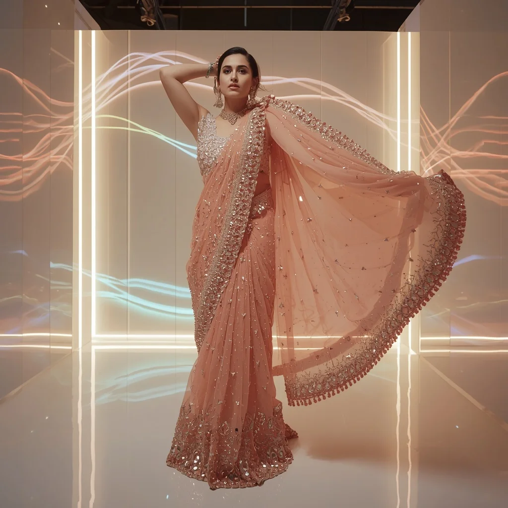 Soft Peach Heavy Mirror and Sequin Saree with Dynamic Pallu Drop | Whatsapp Dp Ai Prompt AI Prompt