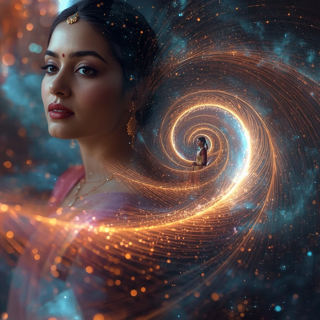 Spiral Galaxy Threads Pastel Saree Image Prompt Cosmic Motion Luxury Cinematic Collage Saree Prompt | Saree Girl Ai Prompt AI Prompt