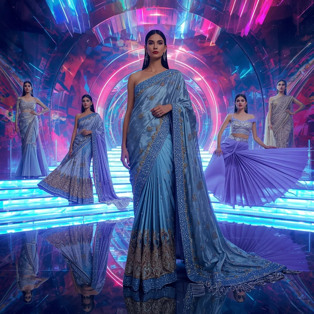 Stellar Mirage Empress Saree with Floating Neon Quantum Palace | Cinematic Saree Ai Prompt AI Prompt
