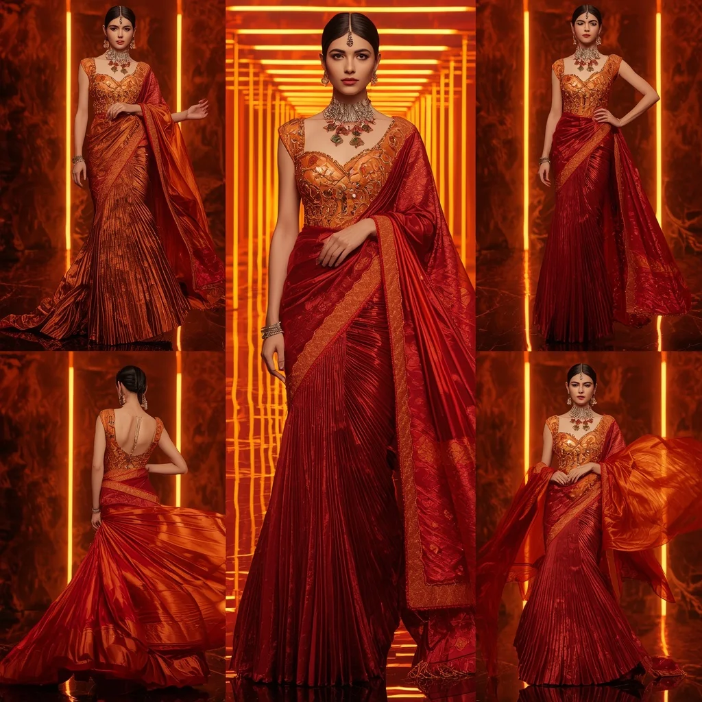 Sunset Royal Flame Saree with Neon Lava Hall | Gemini Photo Prompt AI Prompt
