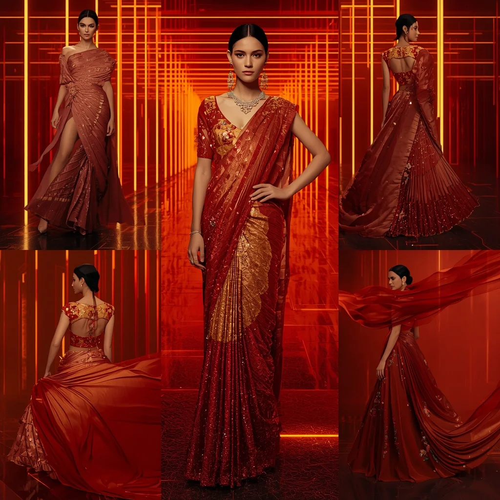 Sunset Royal Symphony Saree with Neon Lava Corridors | Gemini Ai Photo Prompt AI Prompt