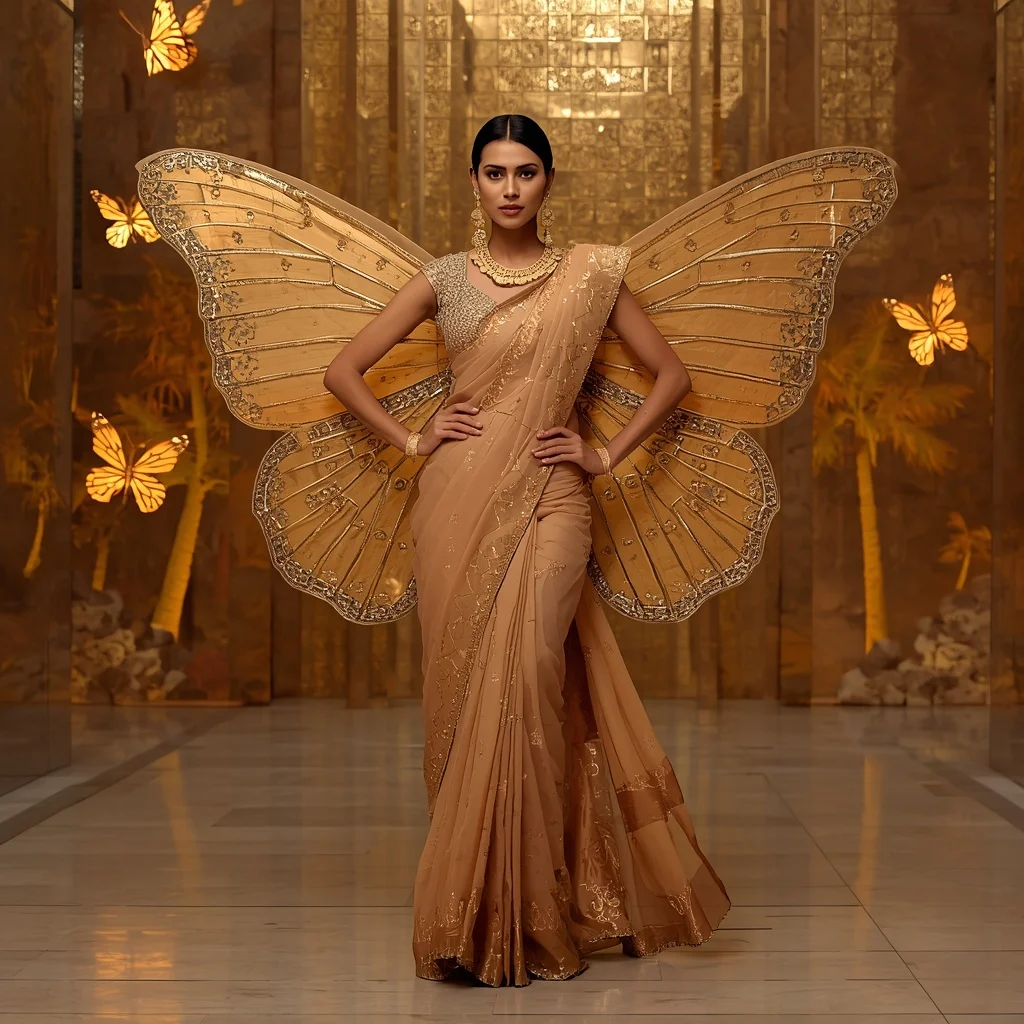 Sunstone Geometric Butterfly Saree with Golden Temple Background | Prompt Gemini AI Prompt