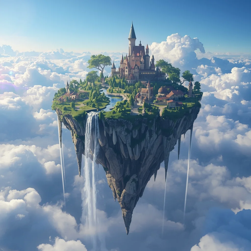 Surreal Floating Island with Waterfalls and Fantasy Village | Cute Ai Prompt AI Prompt