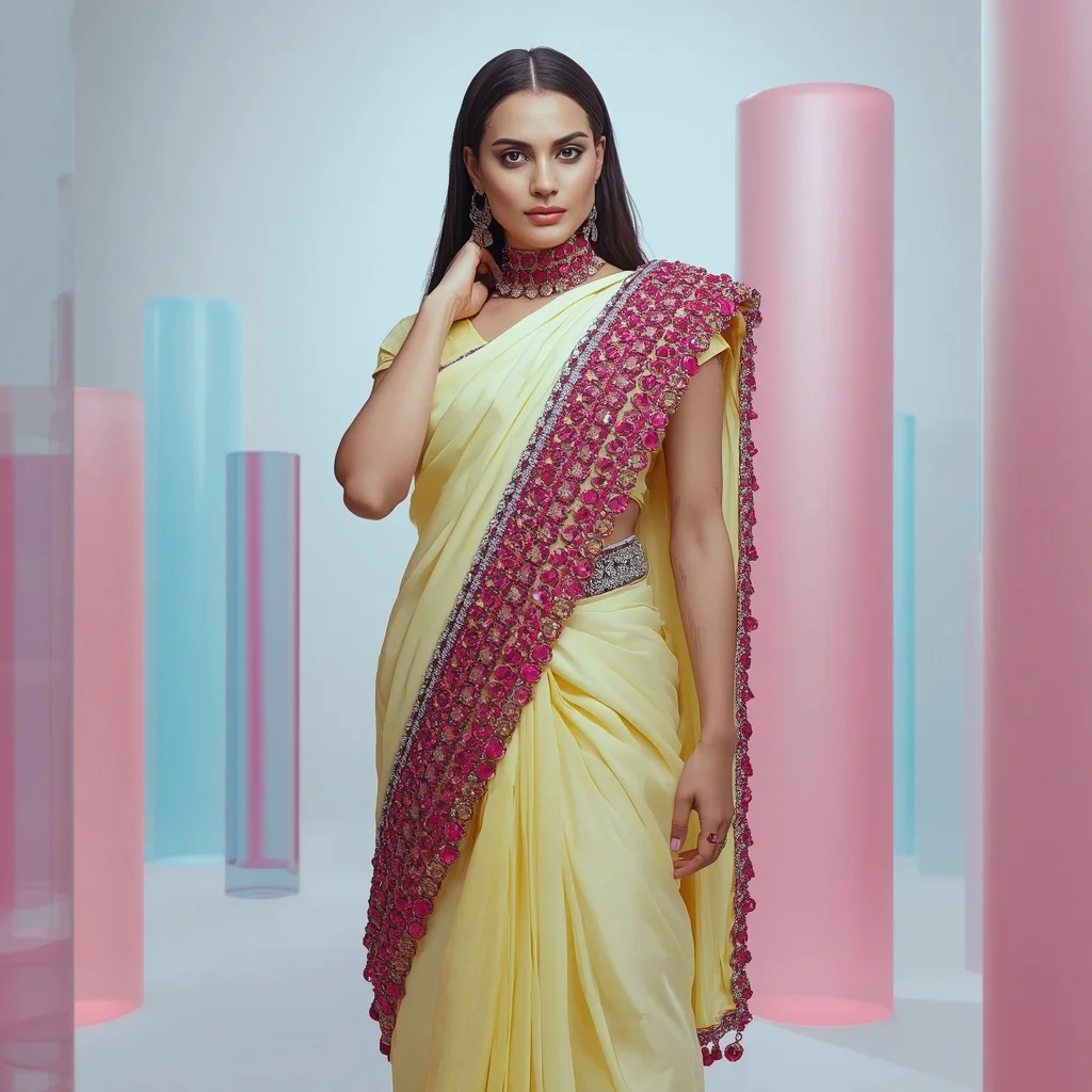 Thick Gota Rope Cage & Massive Ruby Crust Pastel Lemon Saree | Sharp Collar Grip Pose | Saree Prompt For Gemini Ai AI Prompt