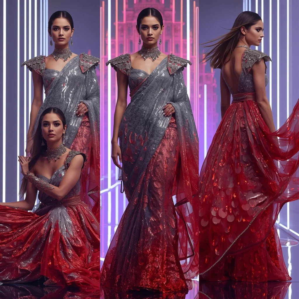 Titanium Aurora Flame Saree with Floating LED Palace | Ai Gemini Photo Prompt AI Prompt