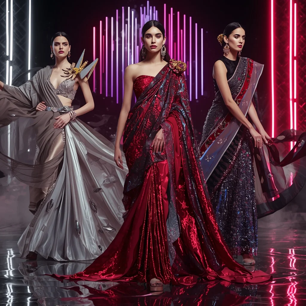 Titanium Crystal Flame Saree with Floating Neon Fortress | Viral Ai Image Prompt AI Prompt