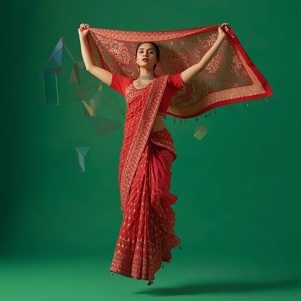 Ultimate 3D Laser-Cut Golden Lace Festival Saree | Gemini Saree Ai Photo Prompt