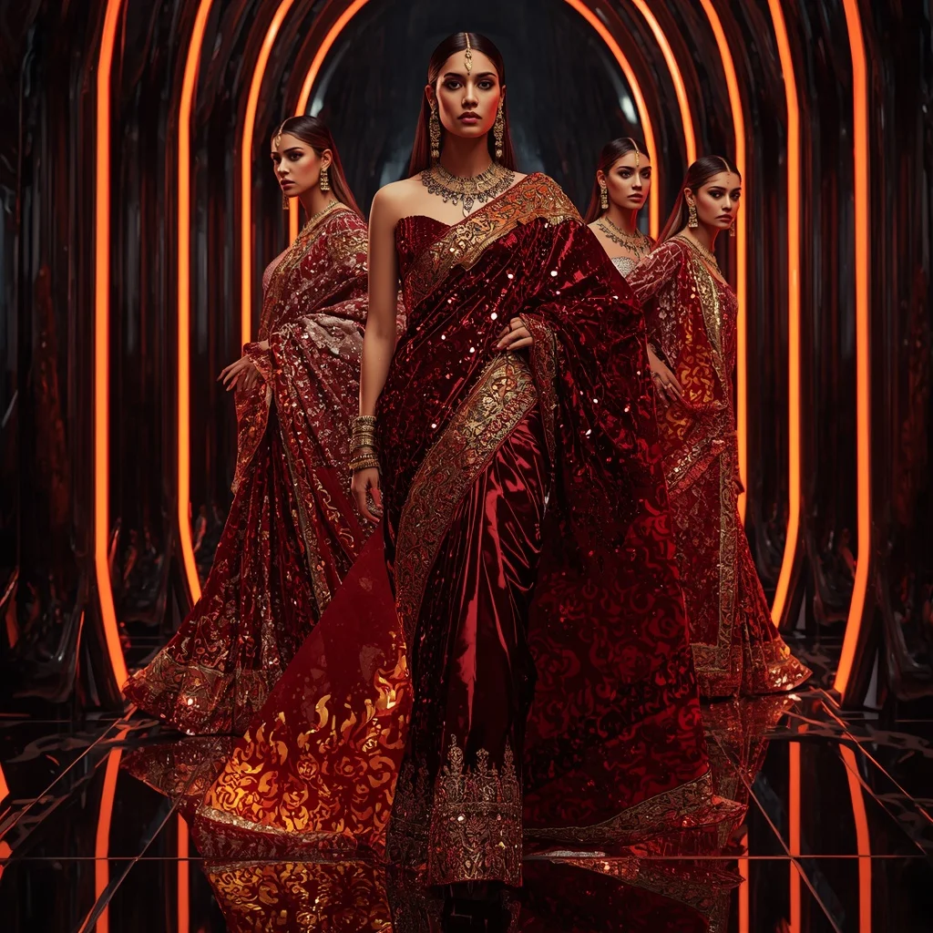 Velvet Ember Dynasty Saree with Infinity Glow Fortress | Gemini Saree Prompt For Instagram AI Prompt
