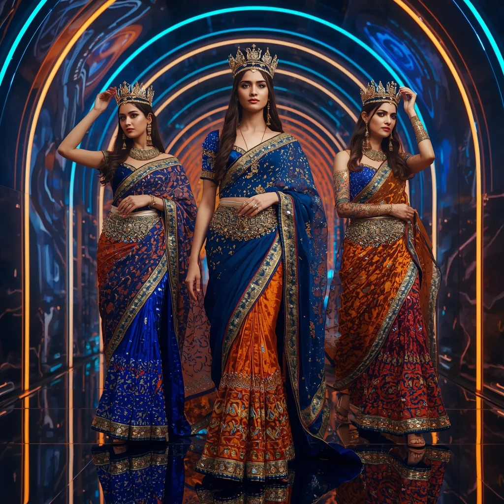 Velvet Sapphire Phoenix Crown Saree with Triple Motion Poses and Infinity Glow Multiverse | Ai Gemini Prompt AI Prompt