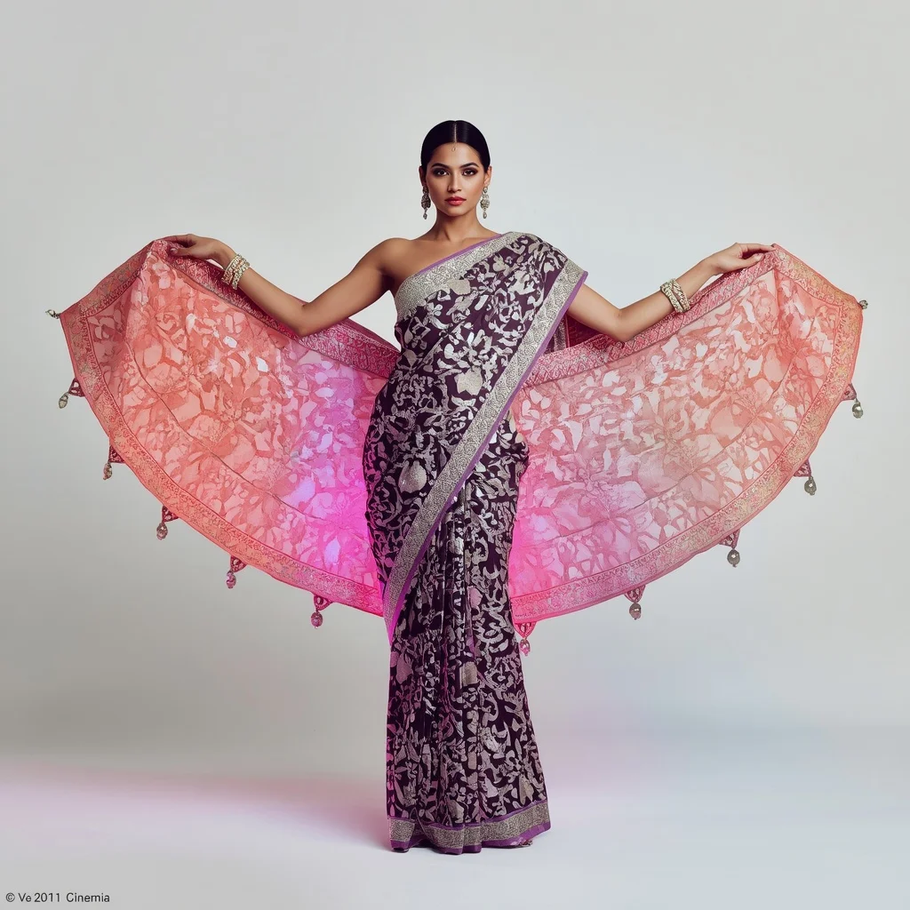 Viral Heavy Designer 3D Neon Fractal & Silver Leaf Saree | Saree Photo Ai Prompt AI Prompt