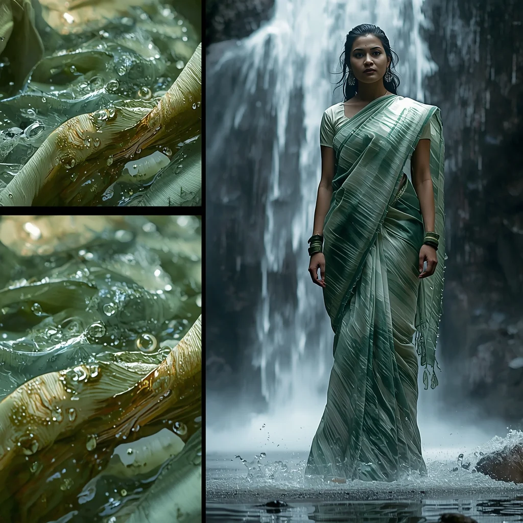 Waterfall Flowing Saree Liquid Silk Collage | Nature Fusion Prompt | Gemini Saree Prompt For Instagram AI Prompt