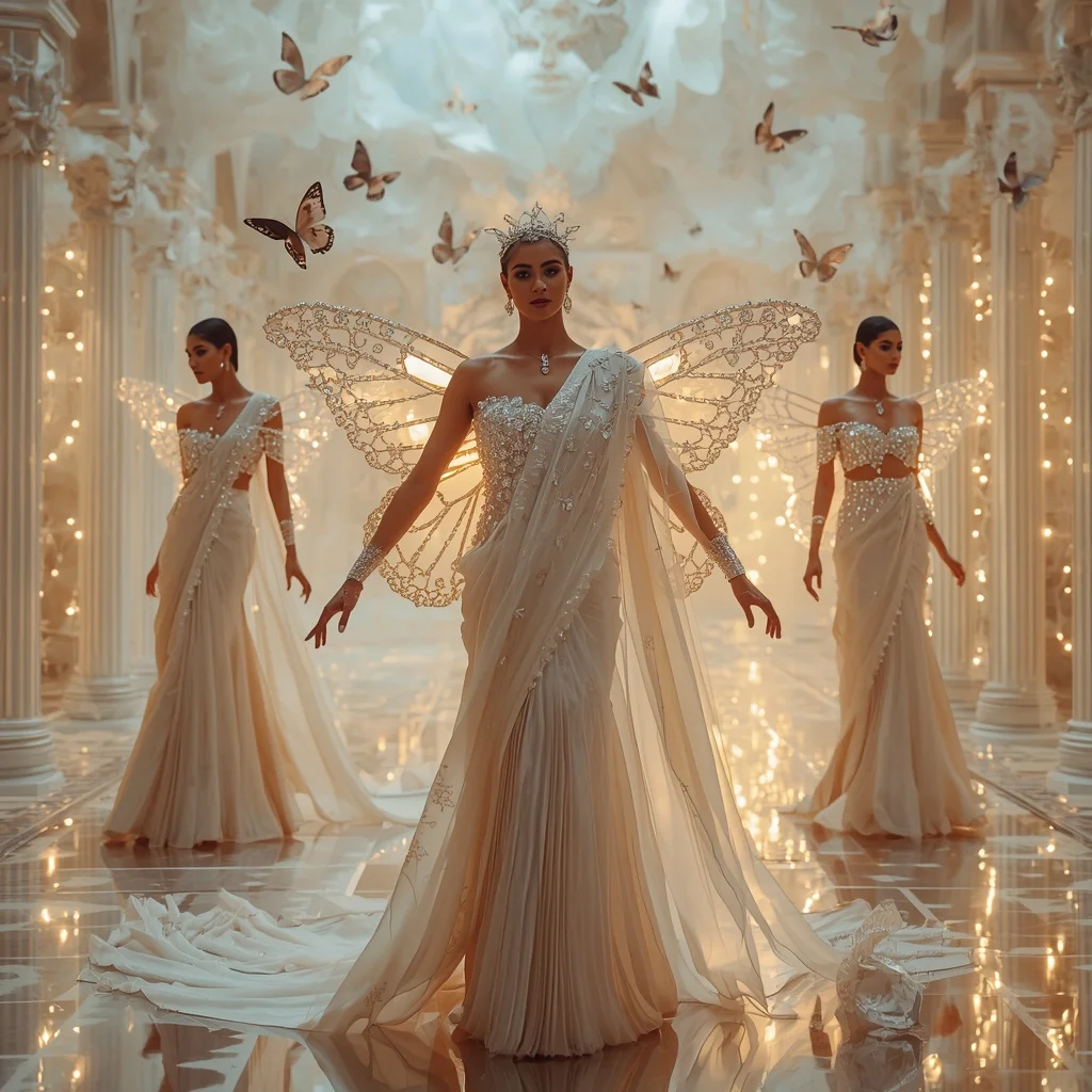 White Crystal Butterfly Queen Saree – Angelic Multi-Pose Couture with Heavenly Fantasy Background | Prompt Gemini AI Prompt