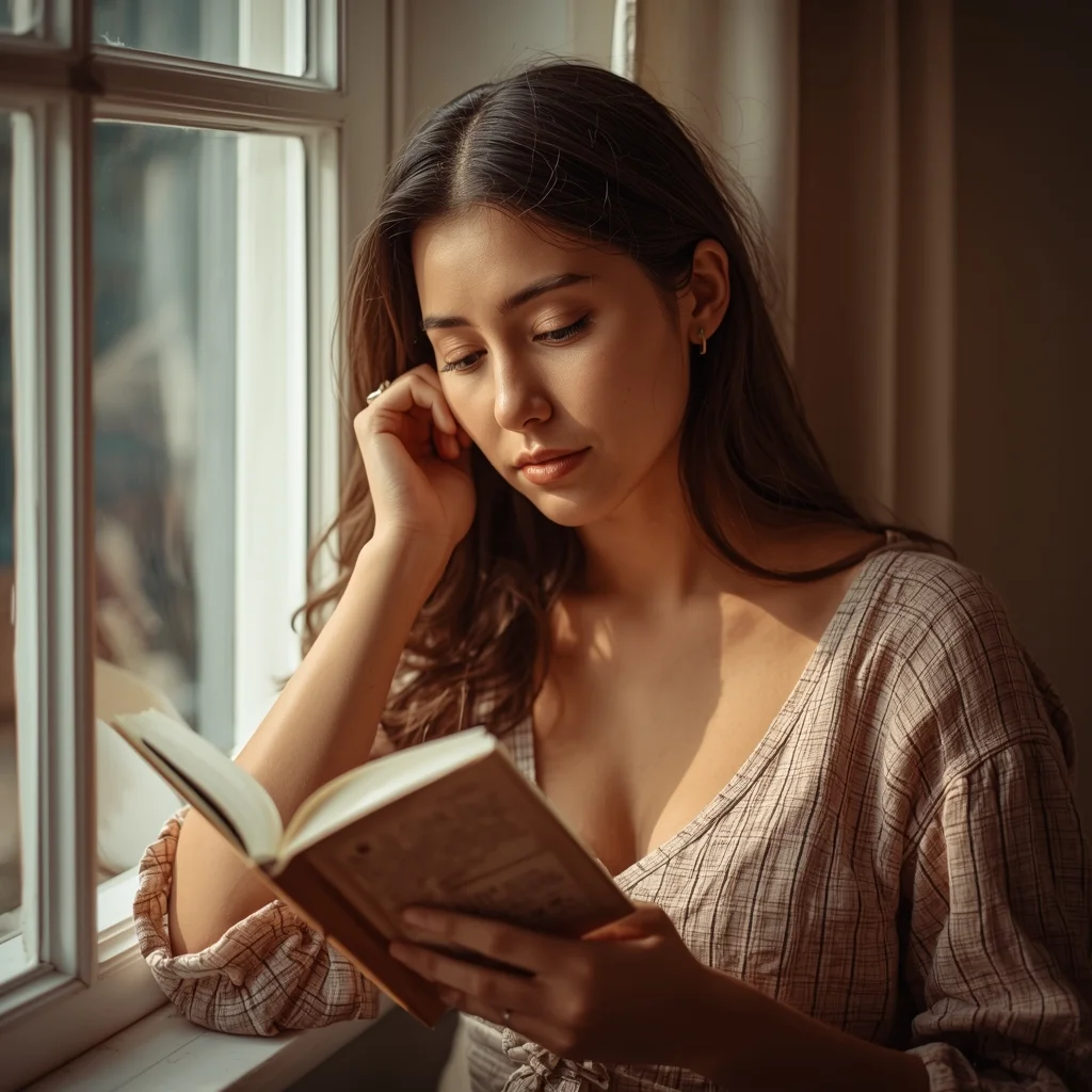 Window Light Reading Girl Portrait – Calm Lifestyle Aesthetic | Ai Prompt Ideas For Beginners AI Prompt