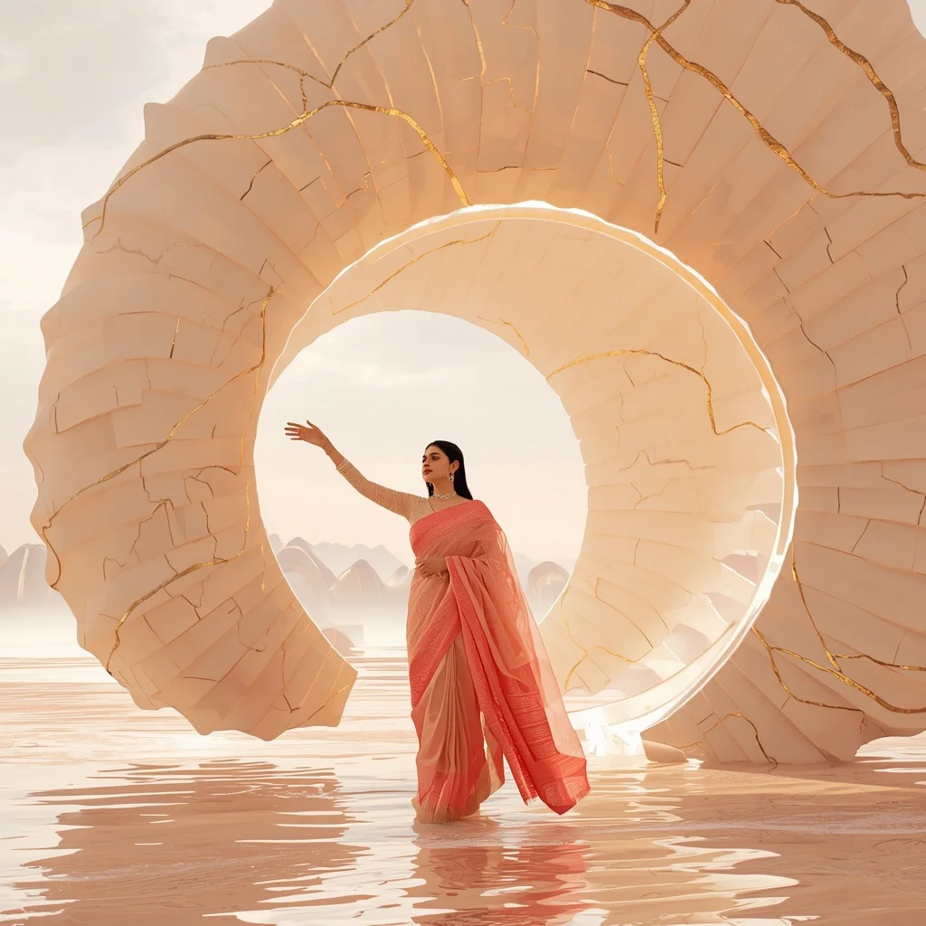 Zero-Gravity Kintsugi Seashell Arches | Saree Profile Pic Ai Prompt AI Prompt